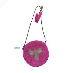Jane Marie Pink Beaded Bee Round Crossbody Bag Satin Chain Strap JM8633-BEE NEW